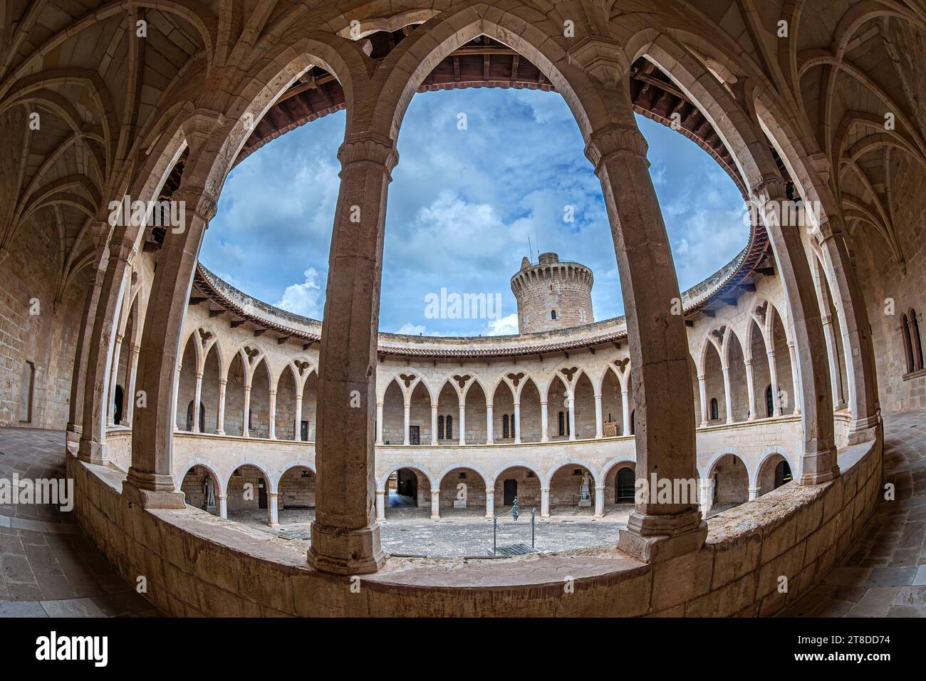 Inner yard of the Circular Gothic Bellver Castle (Castillo de Bellver) built by architect Pere Salvà in 1300-1311 for King James II of Aragon and Majo Stock Photo
