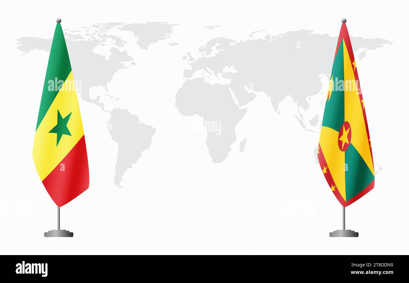 Senegal and Grenada flags for official meeting against background of world map. Stock Vector