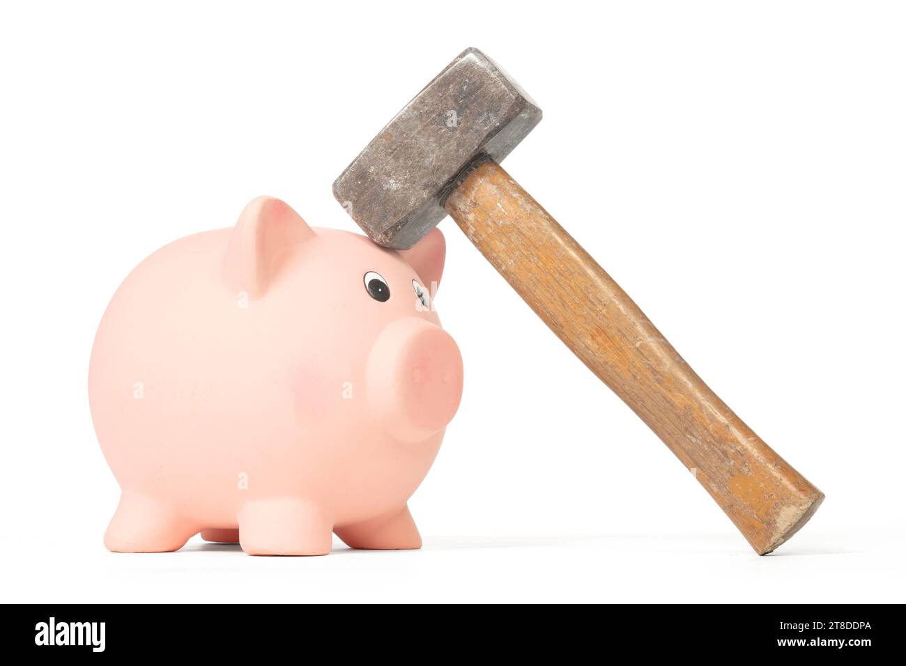 Hammer breaking piggy bank isolated on white Stock Photo - Alamy