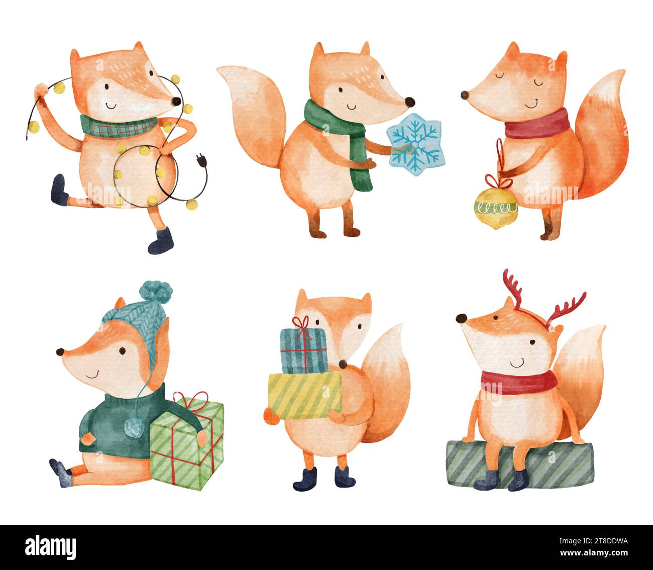 Fox . Christmas theme . Watercolor paint cartoon characters . Isolated . Set 2 of 4 . illustration . Stock Photo