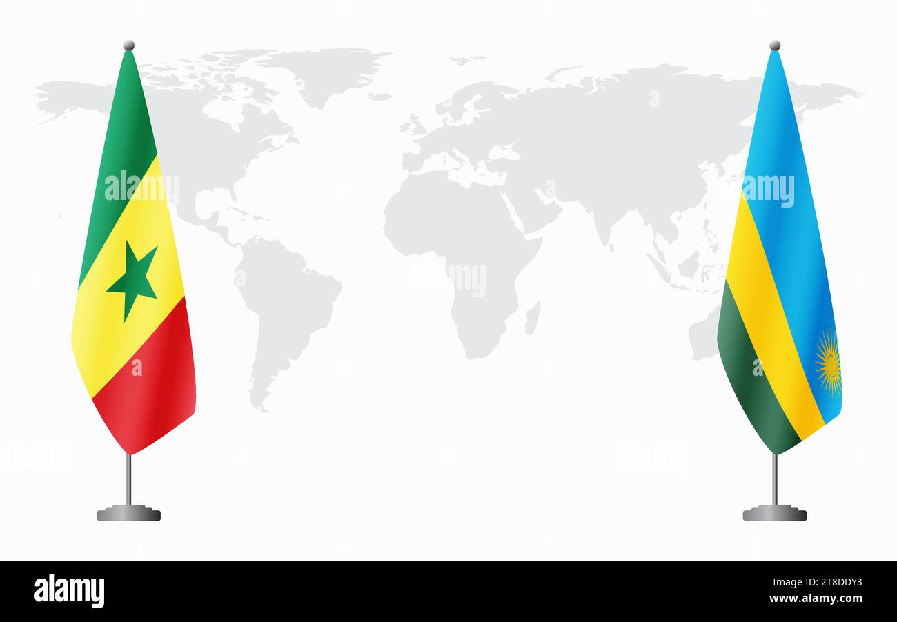 Senegal and Rwanda flags for official meeting against background of world map. Stock Vector
