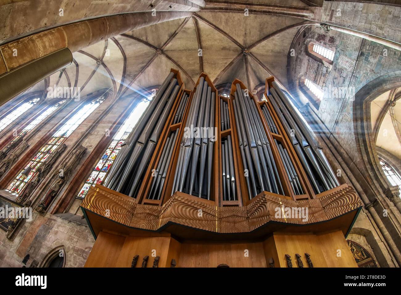 Nuremberg, Germany-April 30, 2023:One of the 3 pipe organs from the interior of St. Lorenz (St. Lawrence),a medieval Evangelical Lutheran Church built Stock Photo