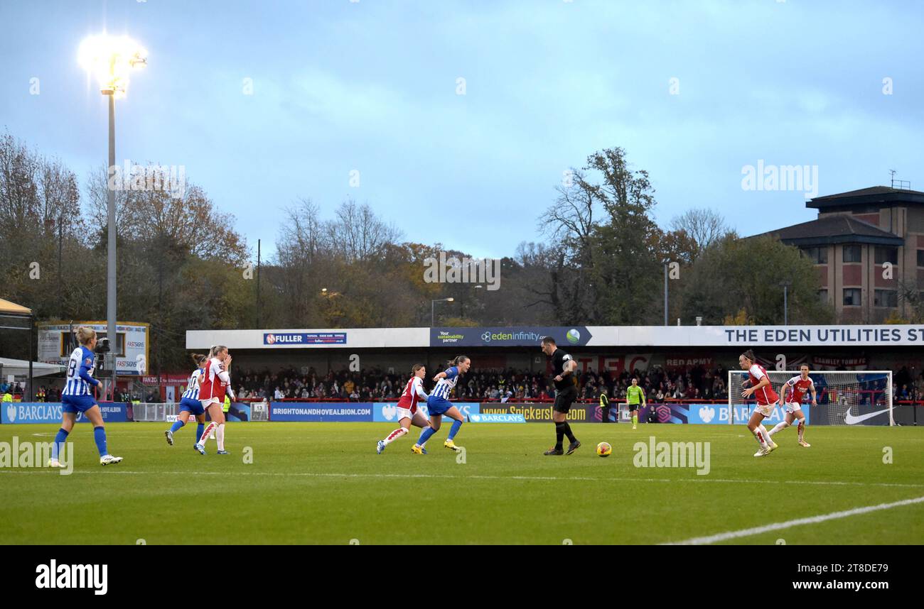 Crawley UK 19th November 2023 -  Action during  the Barclays  Women's Super League football match between Brighton & Hove Albion and Arsenal at The Broadfield Stadium in Crawley  : Credit Simon Dack /TPI/ Alamy Live News Stock Photo