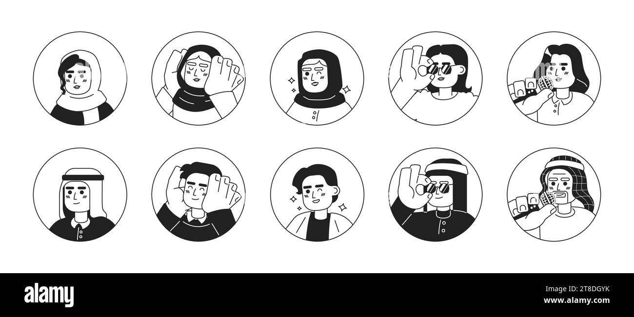 Modern arabic people black and white 2D vector avatars illustration set ...