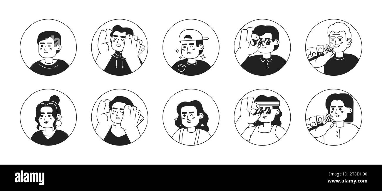 Modern latino people black and white 2D vector avatars illustration set ...