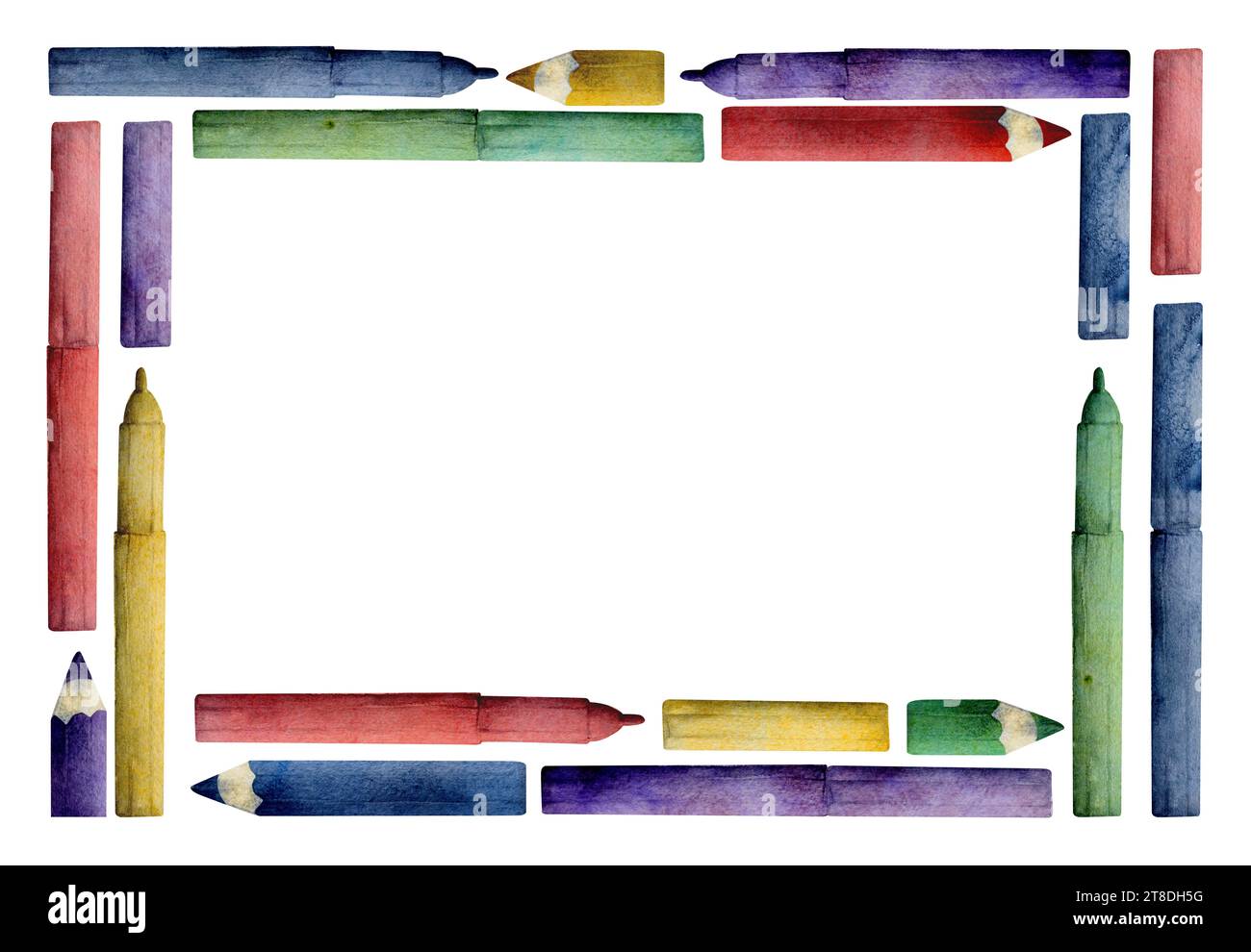 Watercolor hand drawn illustration, kids children painting materials supplies, pencil crayon