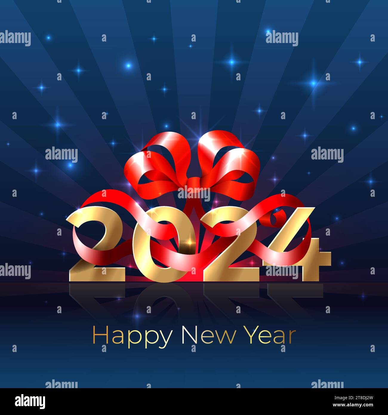 Happy New Year 2024, 24. Shiny golden 2024 with red ribbon, bow on blue background. Holiday