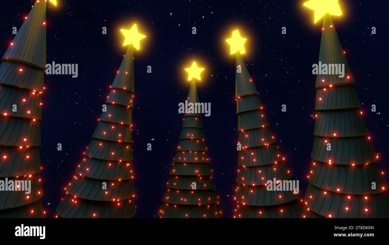 3d rendering of a Christmas trees, light decorations with yellow stars ...