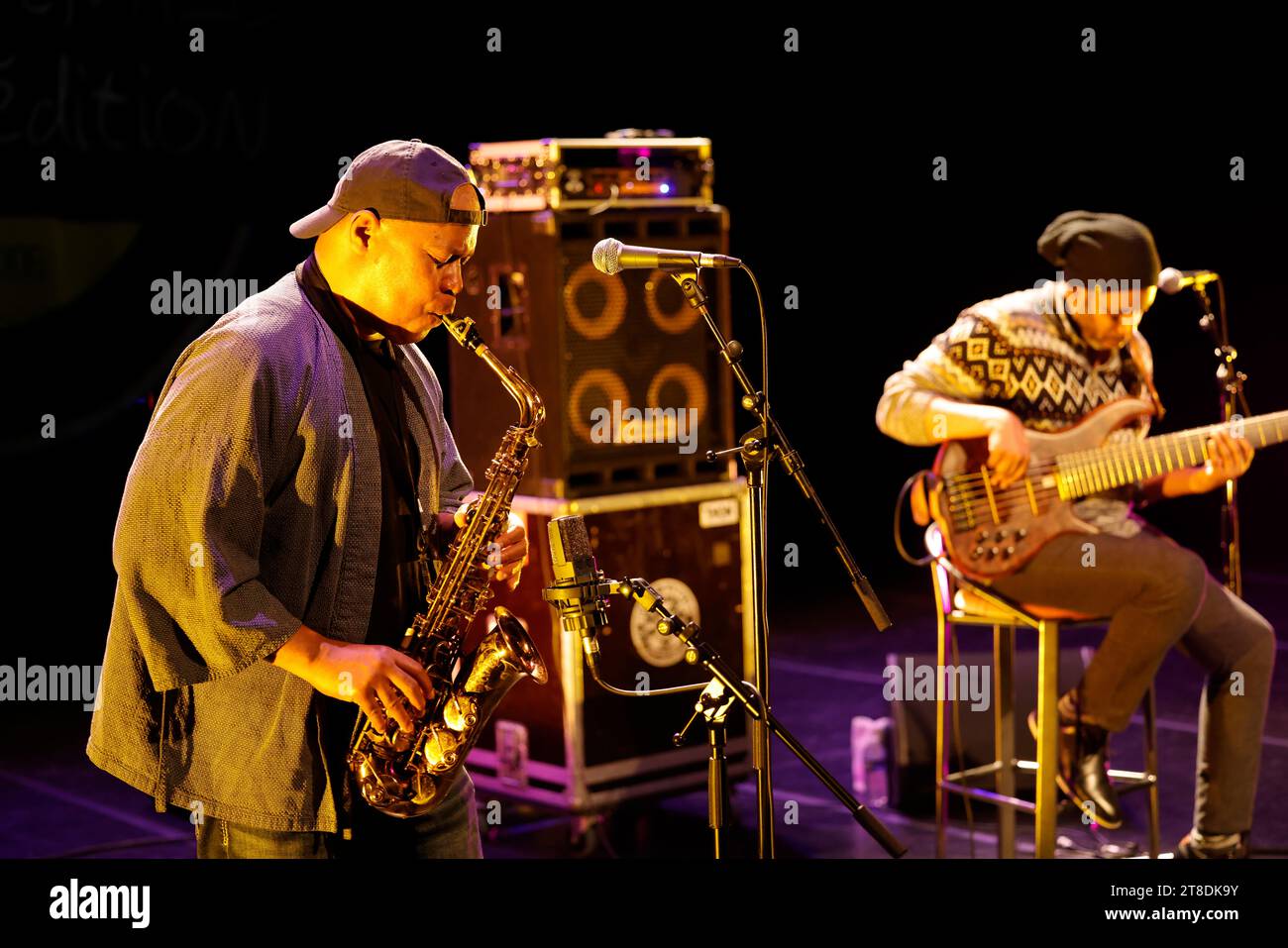 Limoges, France. November 19, 2023. American saxophonist, improviser and composer Steve Coleman in concert at the Eclats d’Email Jazz Edition Festival in Limoges, France. Line-up: Steve Coleman – saxophone, Rich Brown – bass, Sean Rickman – drums. Photo by HM Images/Alamy Live News. Stock Photo