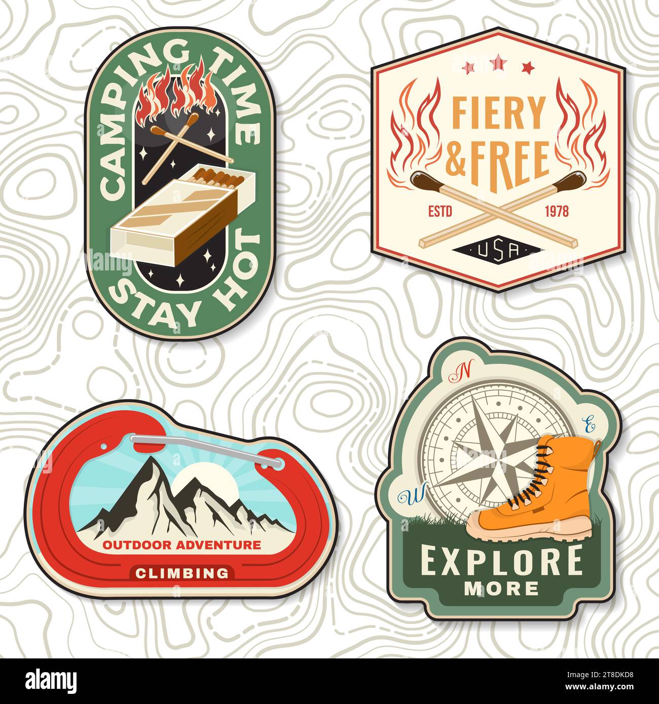 Set of outdoor adventure sticker. Vector. Vintage typography design with forest pine tree, climber, matches box, matches stick and mountain silhouette Stock Vector