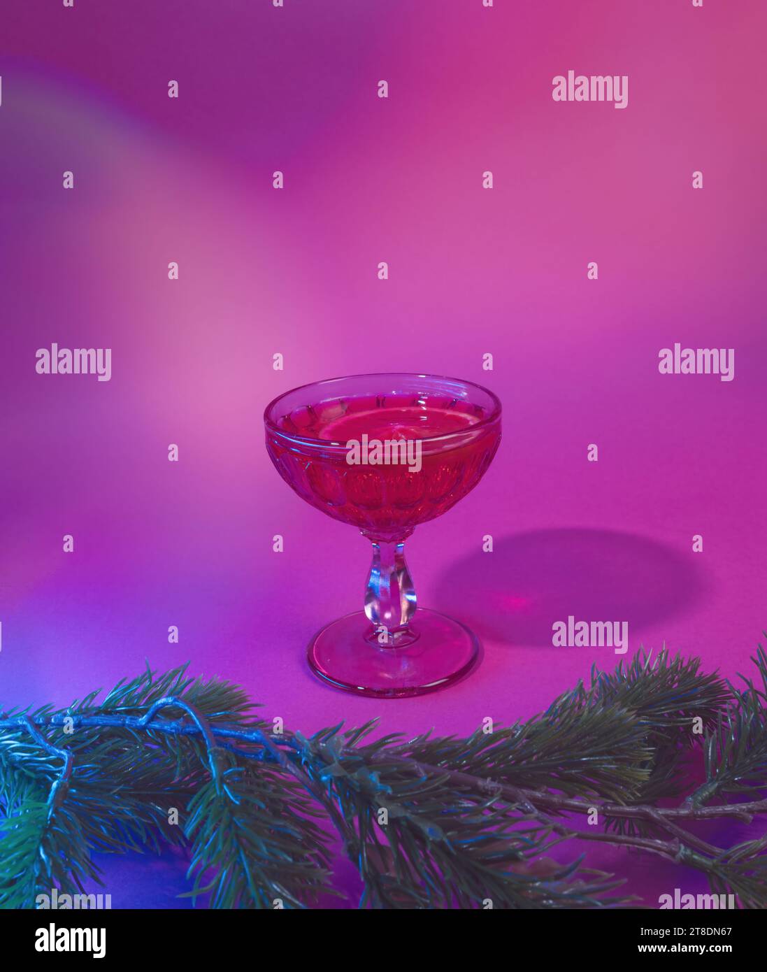 Seasonal Toast with a Pop of Color - Festive Drink in Elegant Glassware Against a Lively Purple Scene Stock Photo