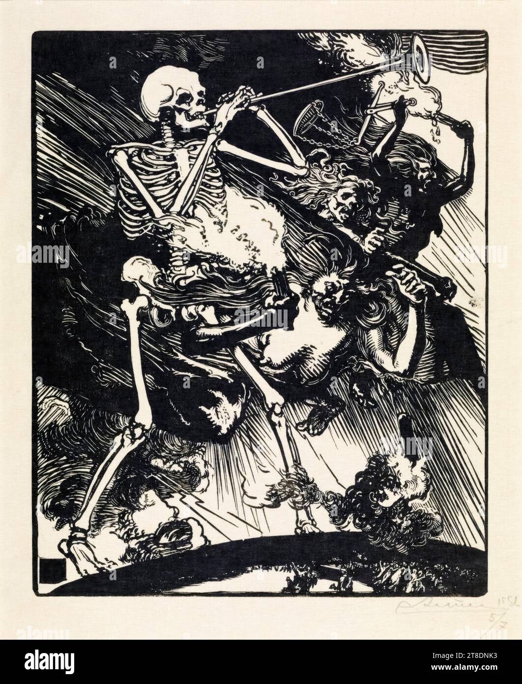 Auguste-Louis Lepère, Death and Passions Descend upon the World, woodcut print, 1914 Stock Photo