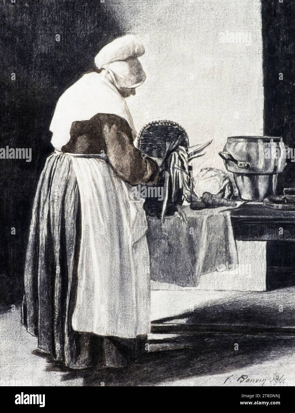 François Bonvin, The Cook, drawing in charcoal and chalk, 1861 Stock Photo