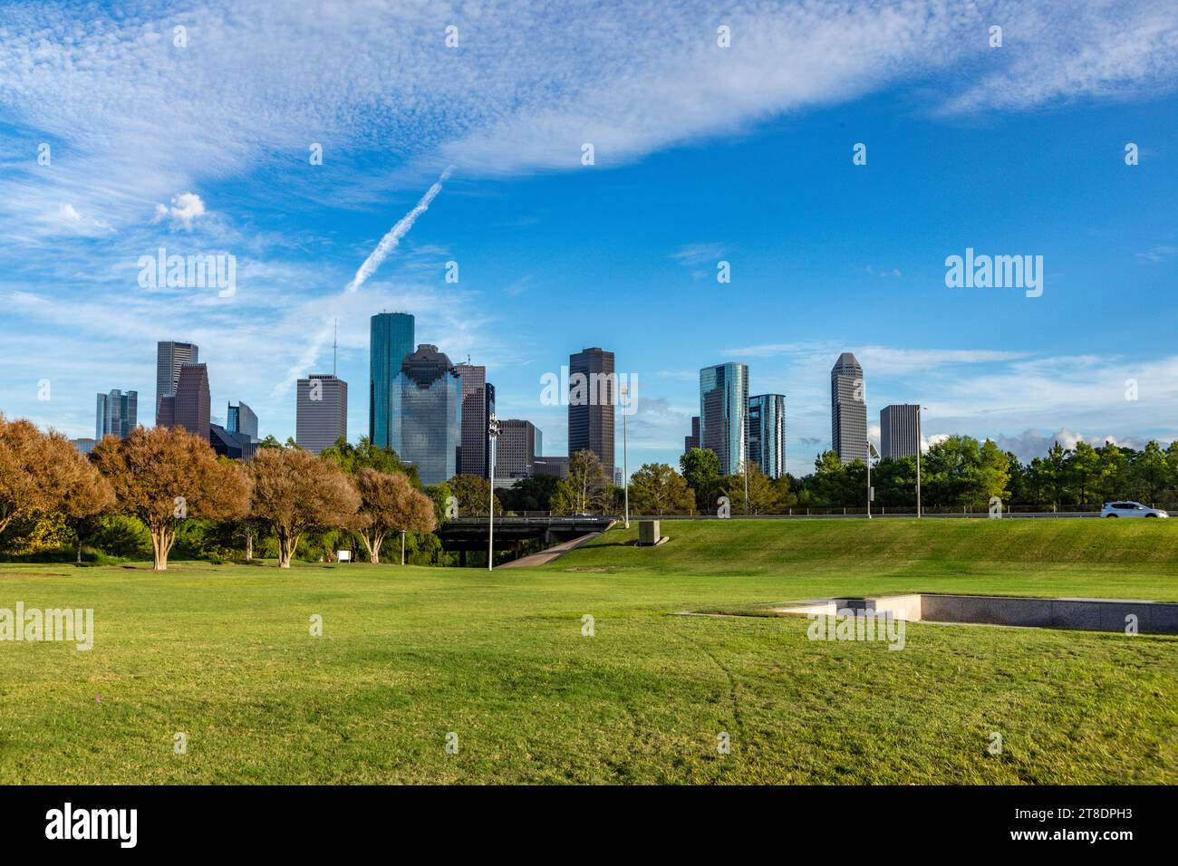 Skyline of Houston, as seen from the roof of the 41-story Marathon Oil  Tower, headquarters building of the Marathon Oil Corporation, located  several miles west of downtown Houston, Texas