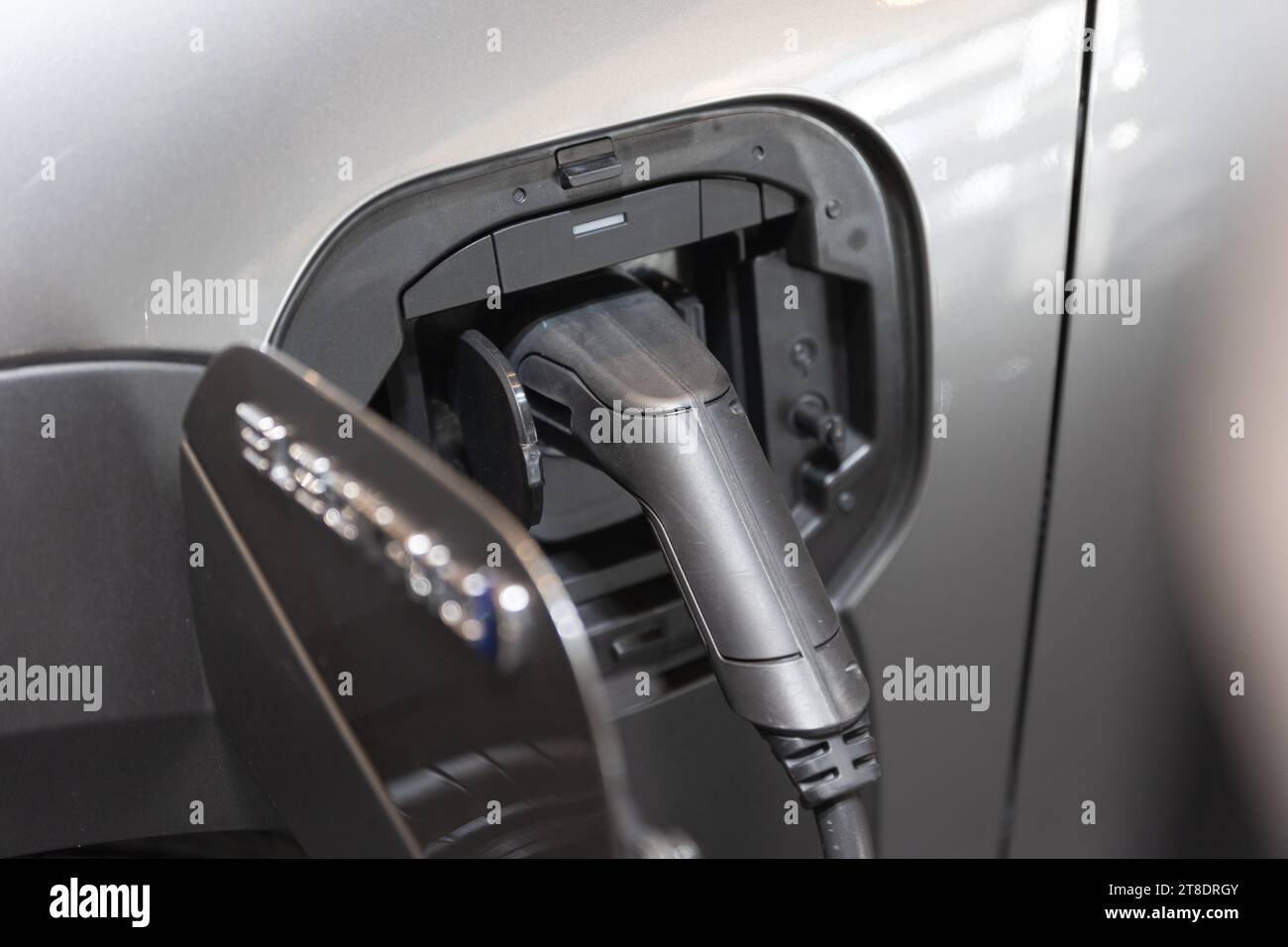 The Power Behind the Wheels: Exploring a Close-Up of an Electric Car's Fuel Pump Stock Photo