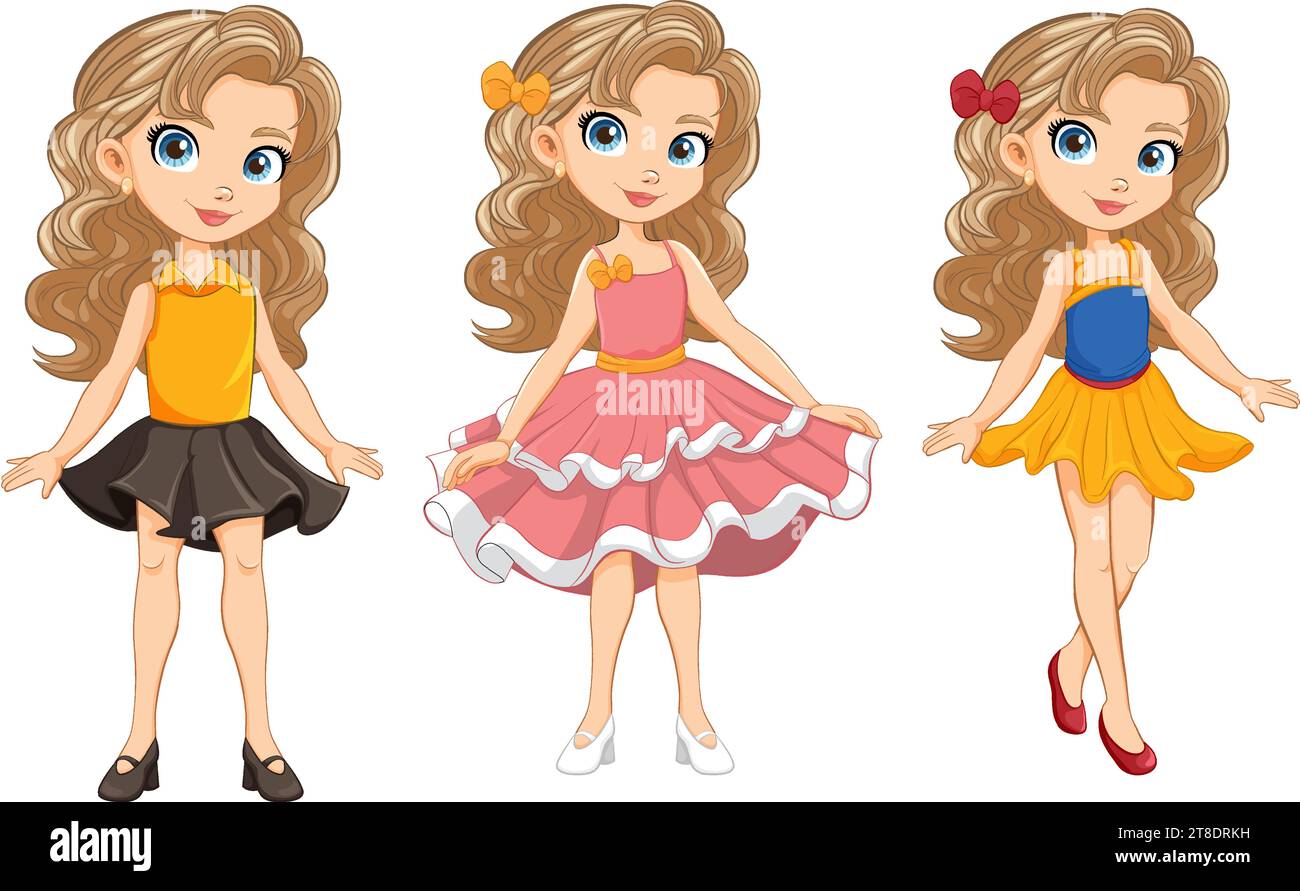 Vector illustration of women with cartoon characters in different outfits Stock Vector