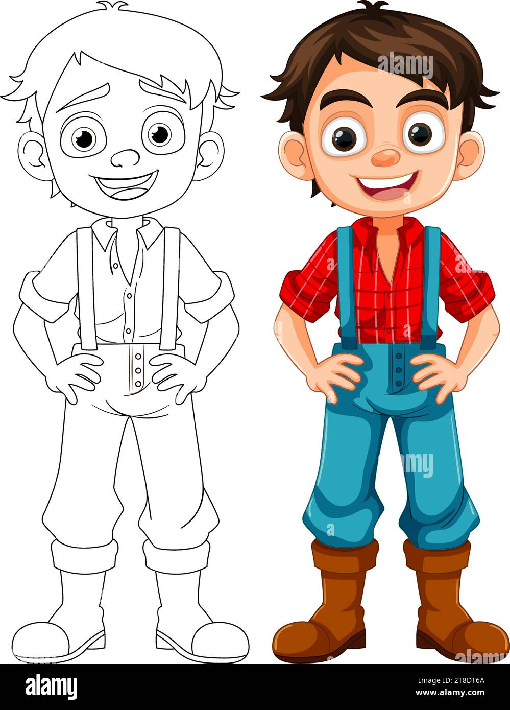 A cheerful boy wearing farmer overalls in a cute cartoon style Stock ...
