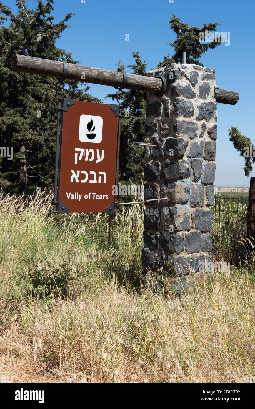 Signpost in Hebrew on the site known as the Valley of Tears where a battle was fought during the Yom Kippur war on the Golan Heights in northern Isrea Stock Photo