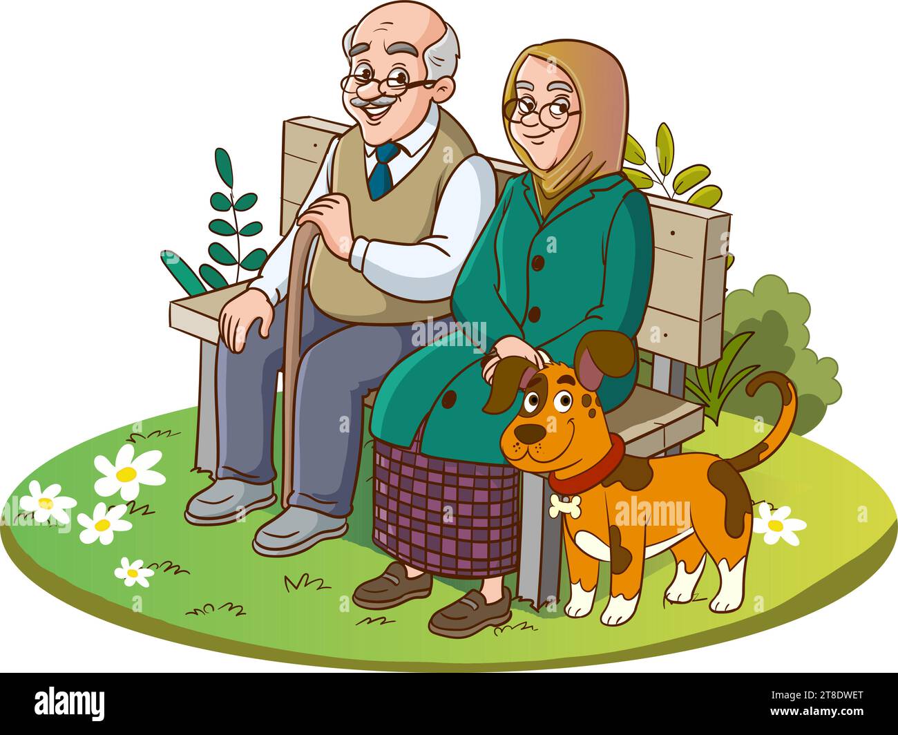 old couple sitting on bench vector illustration Stock Vector