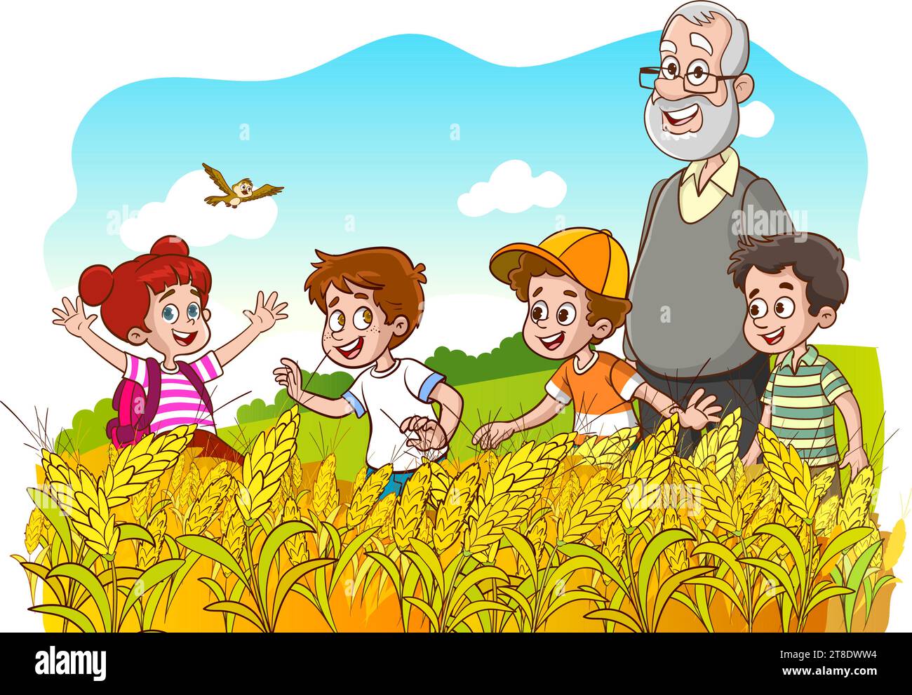 vector illustration of grandpa and kids in wheat field Stock Vector