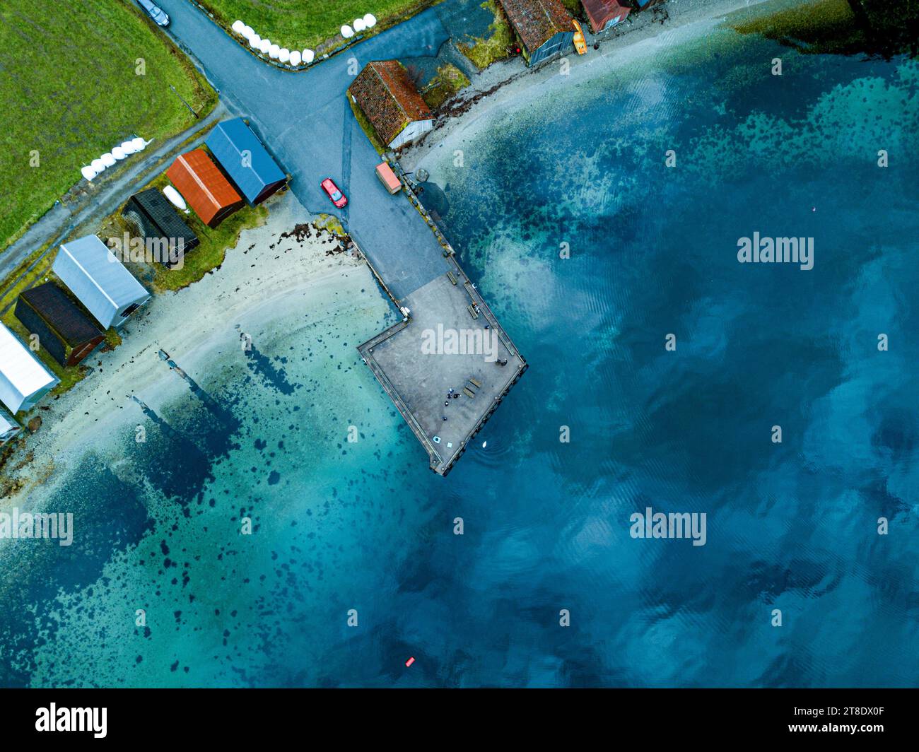 Aerial Elegance: Fjords Shoreline, Crystal Clear Seas, and Coastal Charm Stock Photo