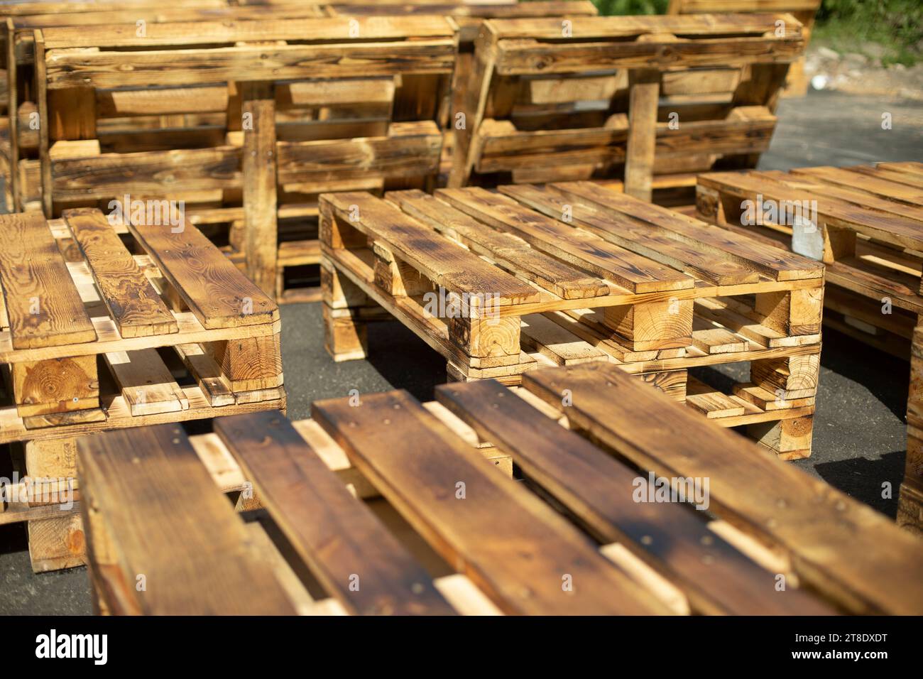 Wooden pallets. Made of planks. Craft furniture. Raw board Stock Photo