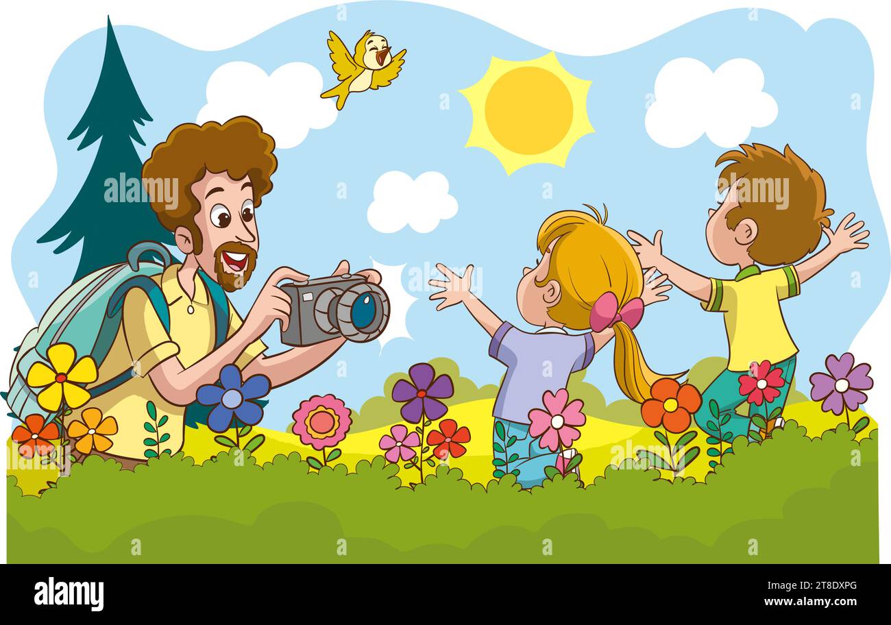 vector illustration of father taking photos of his children Stock Vector
