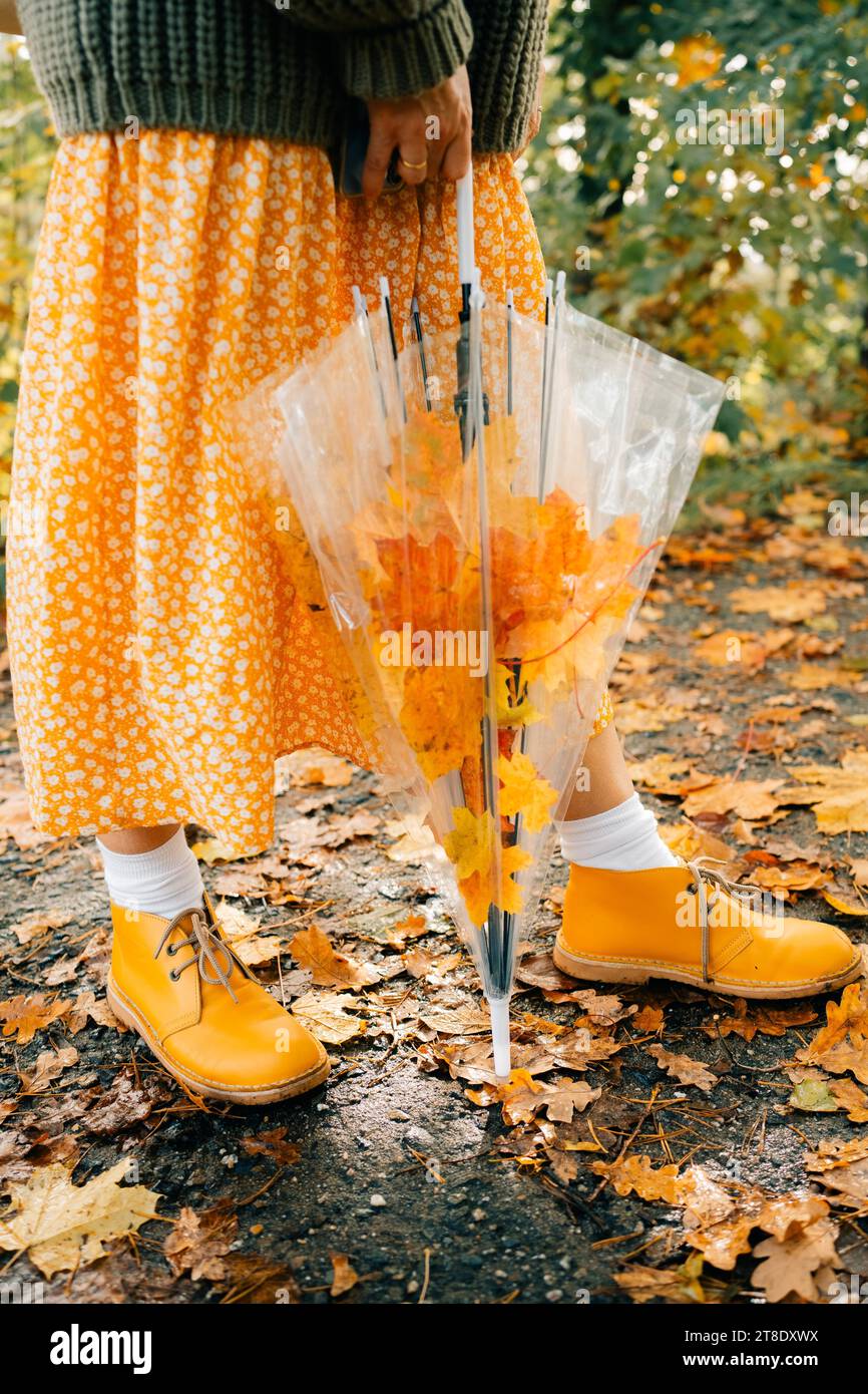 Autumn leaves in a transparent umbrella, yellow shoes of a young woman Stock Photo