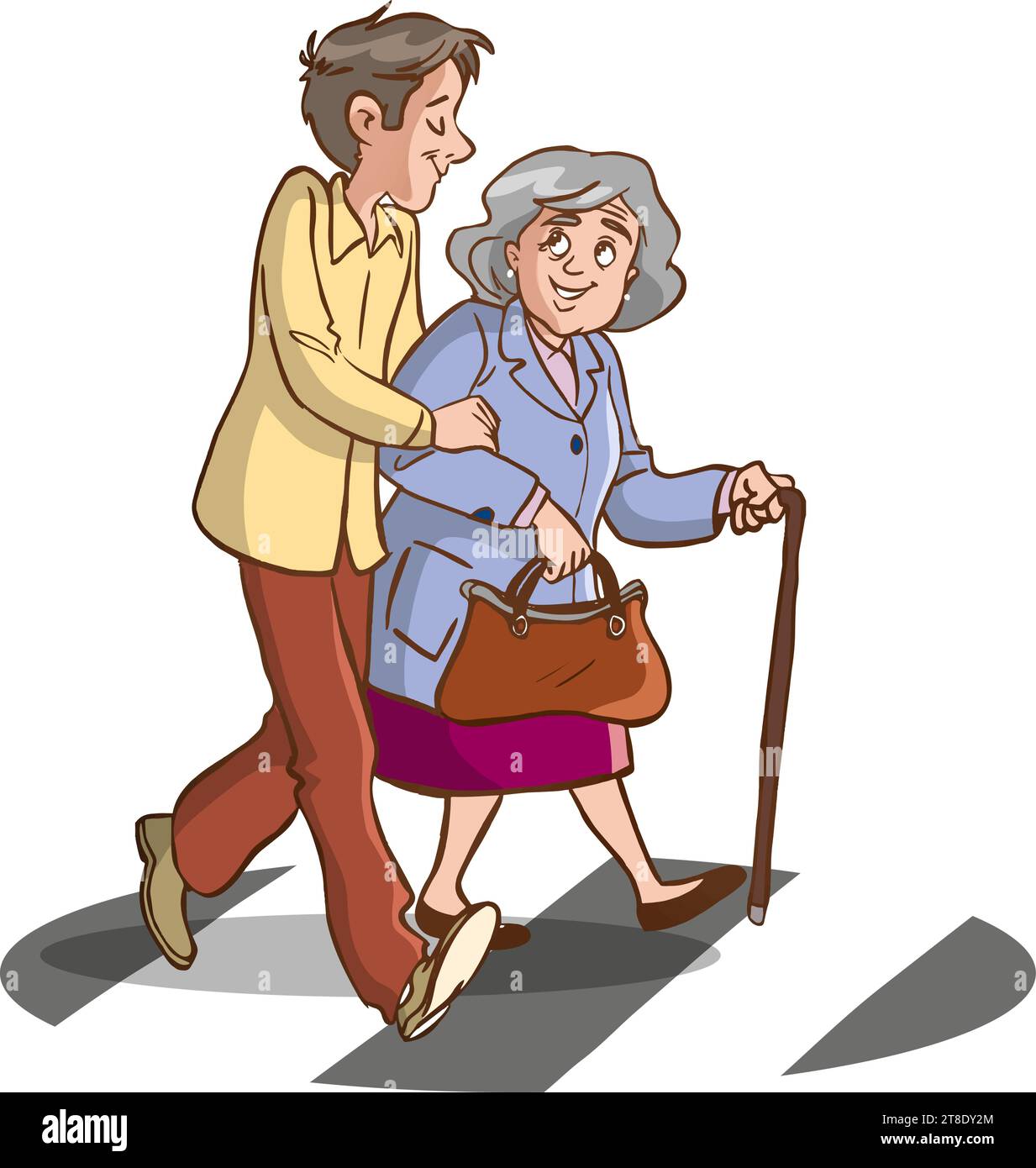 vector illustration of young man helping old woman at crosswalk Stock Vector