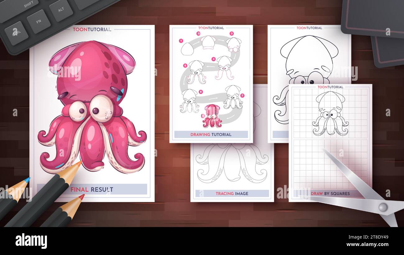 How to Draw a Squid. Step by Step Drawing Tutorial. Draw Guide. Simple
