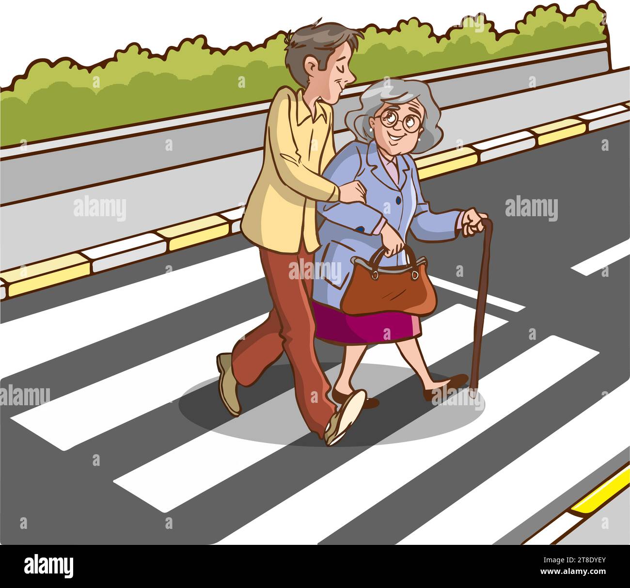 young man helping old woman cartoon vector Stock Vector