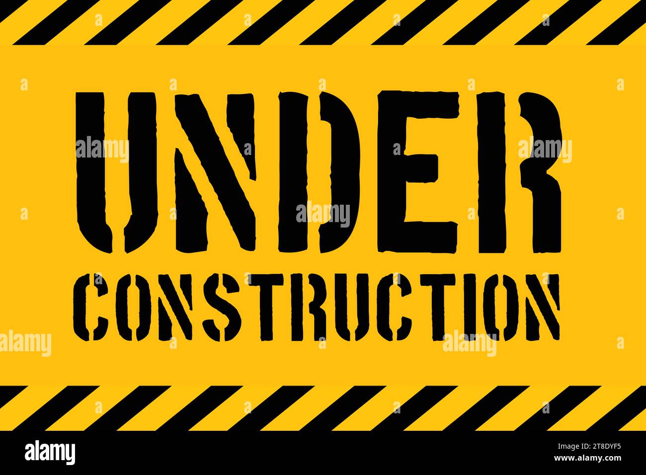 Under construction warning sign text with yellow black stripes painted over concrete wall cement facade texture background. Stock Vector