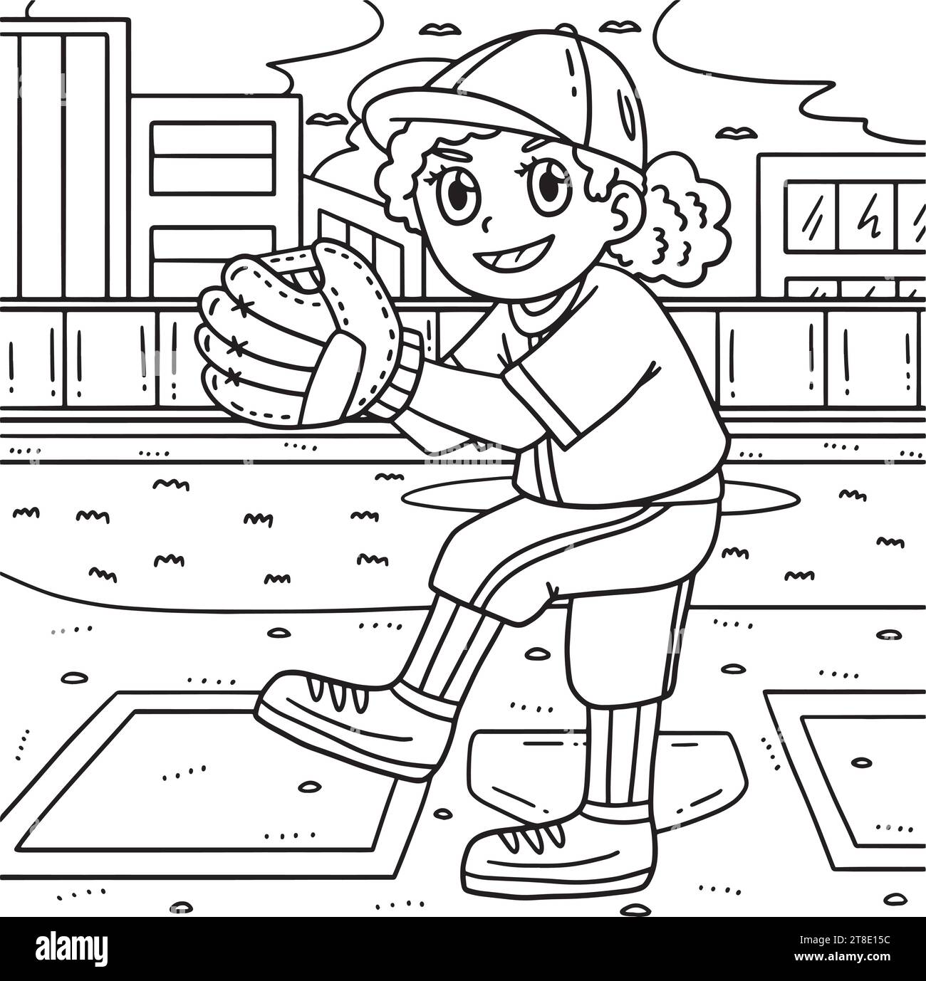 Girl Pitching Baseball Coloring Page for Kids Stock Vector Image & Art ...