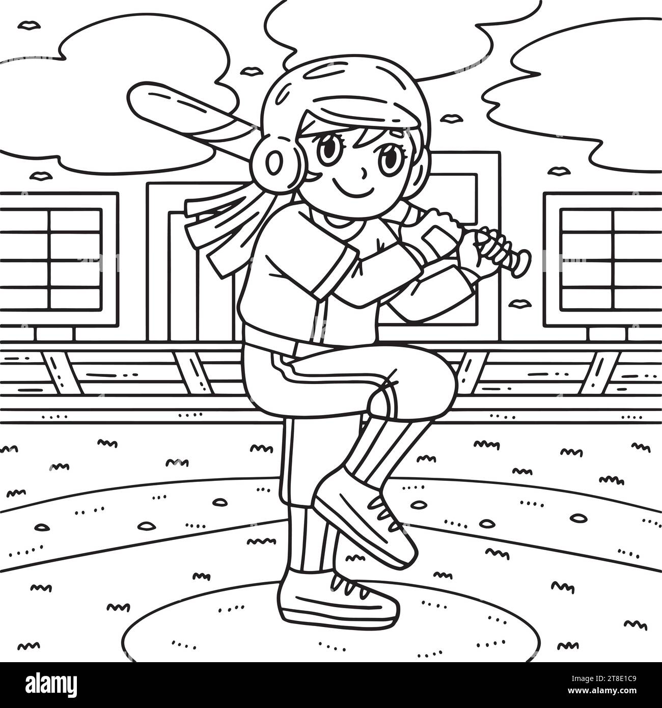 Girl Bracing Baseball Bat Coloring Page for Kids Stock Vector Image