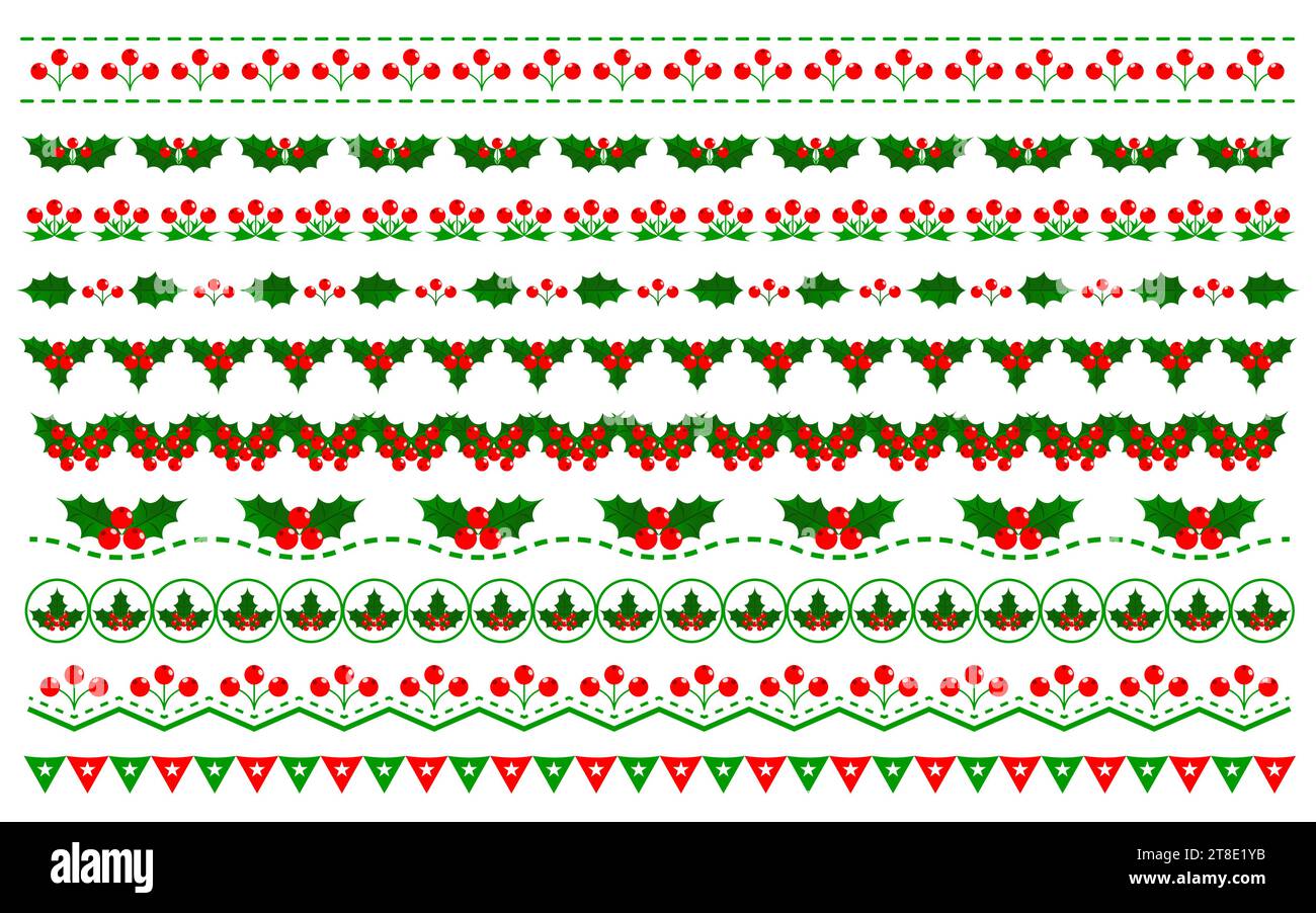 Christmas holiday dividers stripes with traditional holly leaves ...