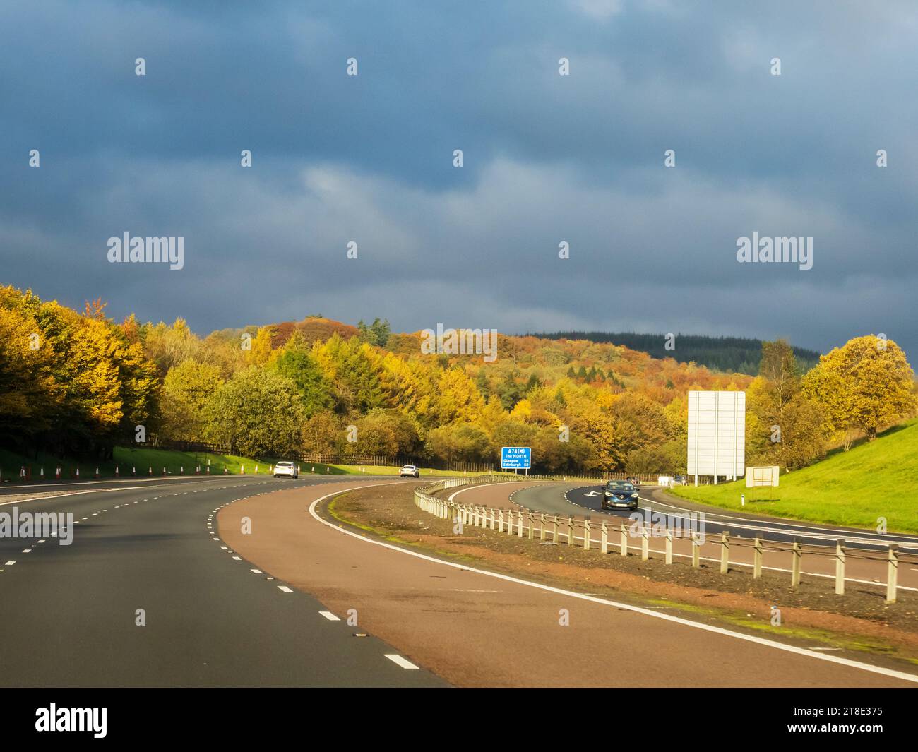 Autumn colours on the M74, south of Glasgow, Scotland, UK. Stock Photo