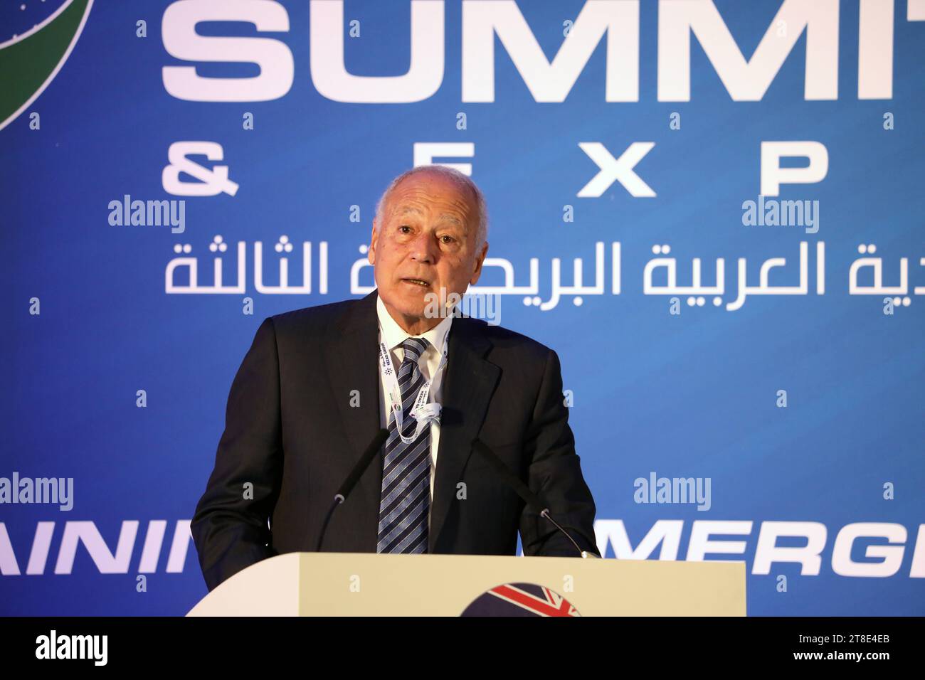 London, UK. 20 Nov 2023. Arab League Secretary General Ahmed Aboul Gheit tells Western countries to “wake up” to consequences of the Gaza war, at the Arab-British Economic Summit. Credit: Dominic Dudley/Alamy Live News Stock Photo