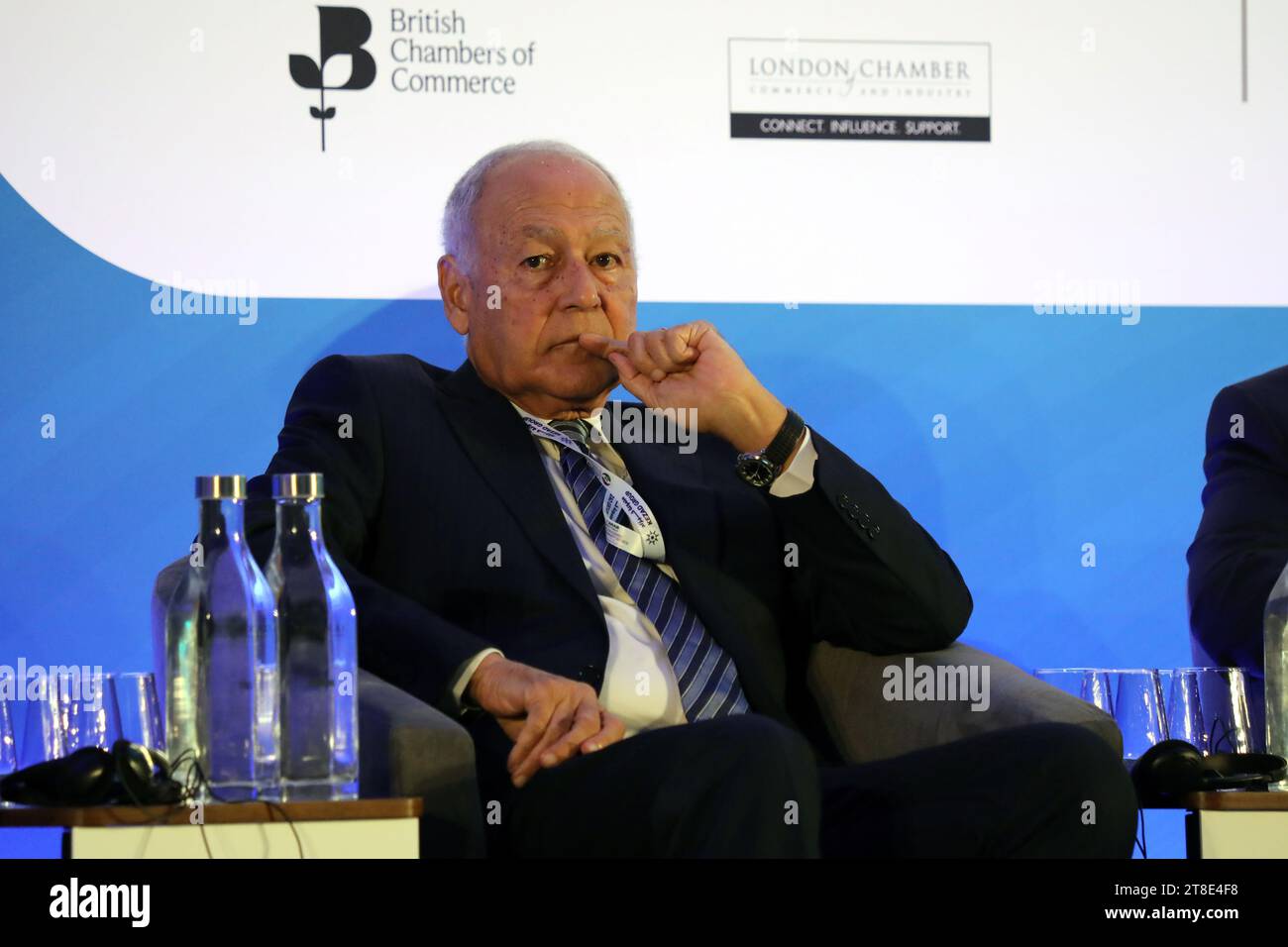 Description: London, UK. 20 Nov 2023. Arab League Secretary General Ahmed Aboul Gheit at the Arab-British Economic Summit where he said Western countries needed to “wake up” to consequences of the Gaza war. Credit: Dominic Dudley/Alamy Live News Stock Photo