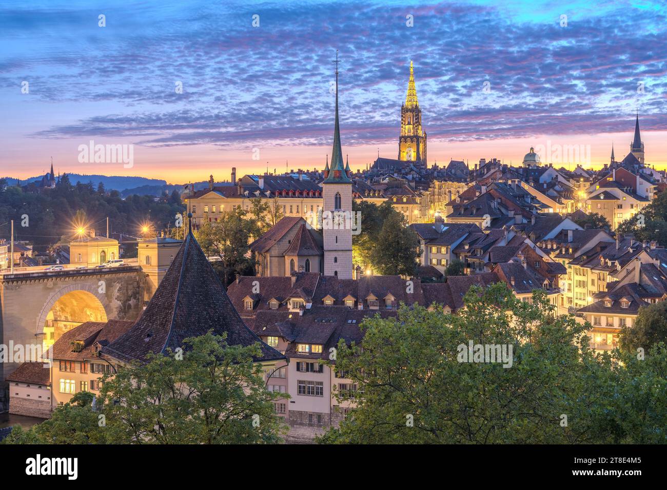 Bern, Switzerland old town skyline at dusk. Stock Photo