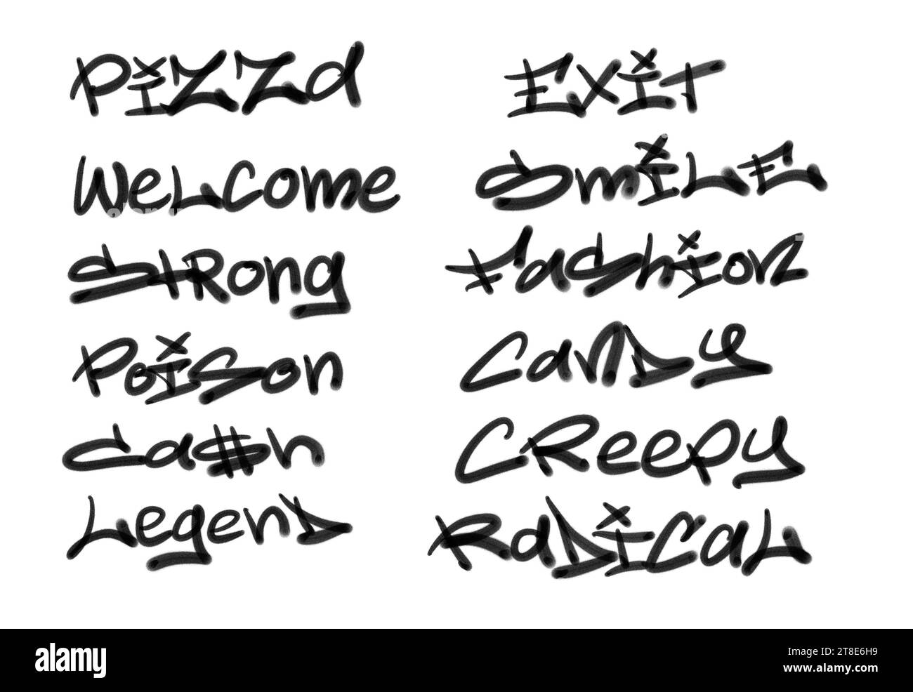 Collection of graffiti street art tags with words and symbols in black