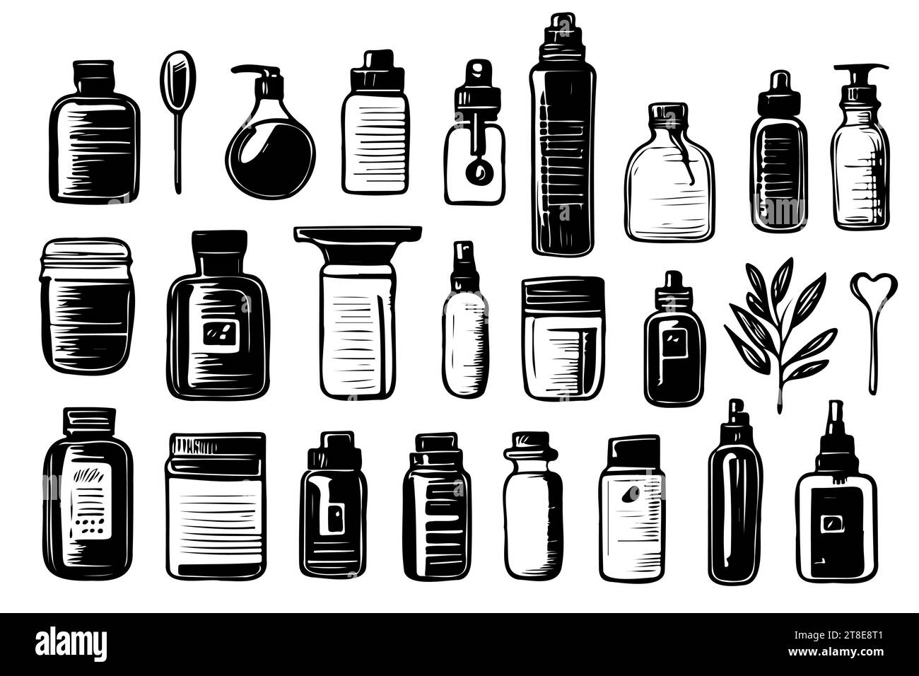 Different types of bottles thin vector icon set, black and white kit