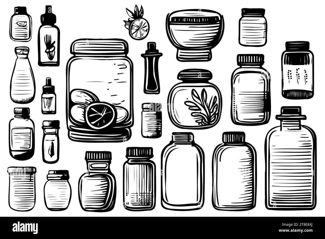 Different types of bottles thin vector icon set, black and white kit ...