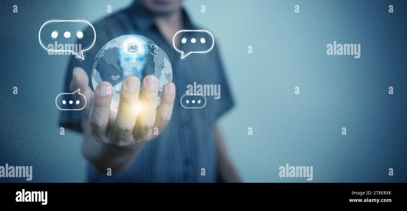 Chat Bot chat with Ai. Virtual graphic of AI tech and global connection. Man communicates with a generative conversational chatbot. Stock Photo