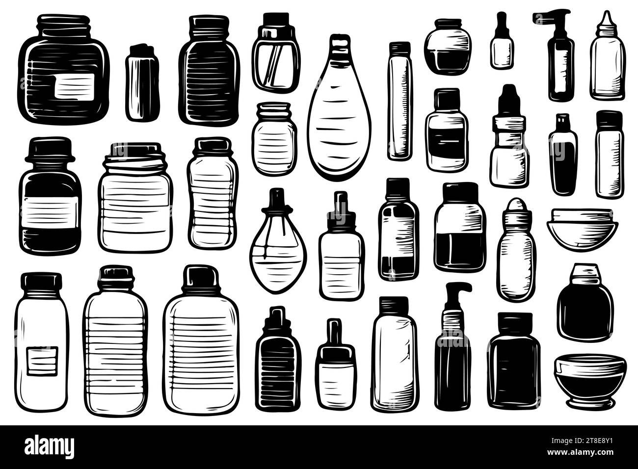 Different types of bottles thin vector icon set, black and white kit