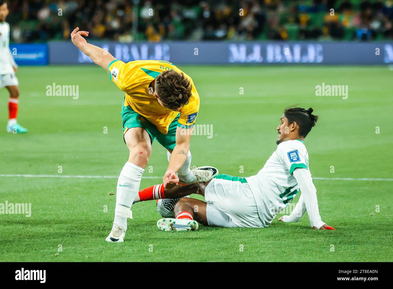 MELBOURNE, AUSTRALIA - NOVEMBER 16: Jordan Bos of Australia competing with Bishwanath Ghosh of Bangladesh during the 2026 FIFA World Cup Qualifier mat Stock Photo