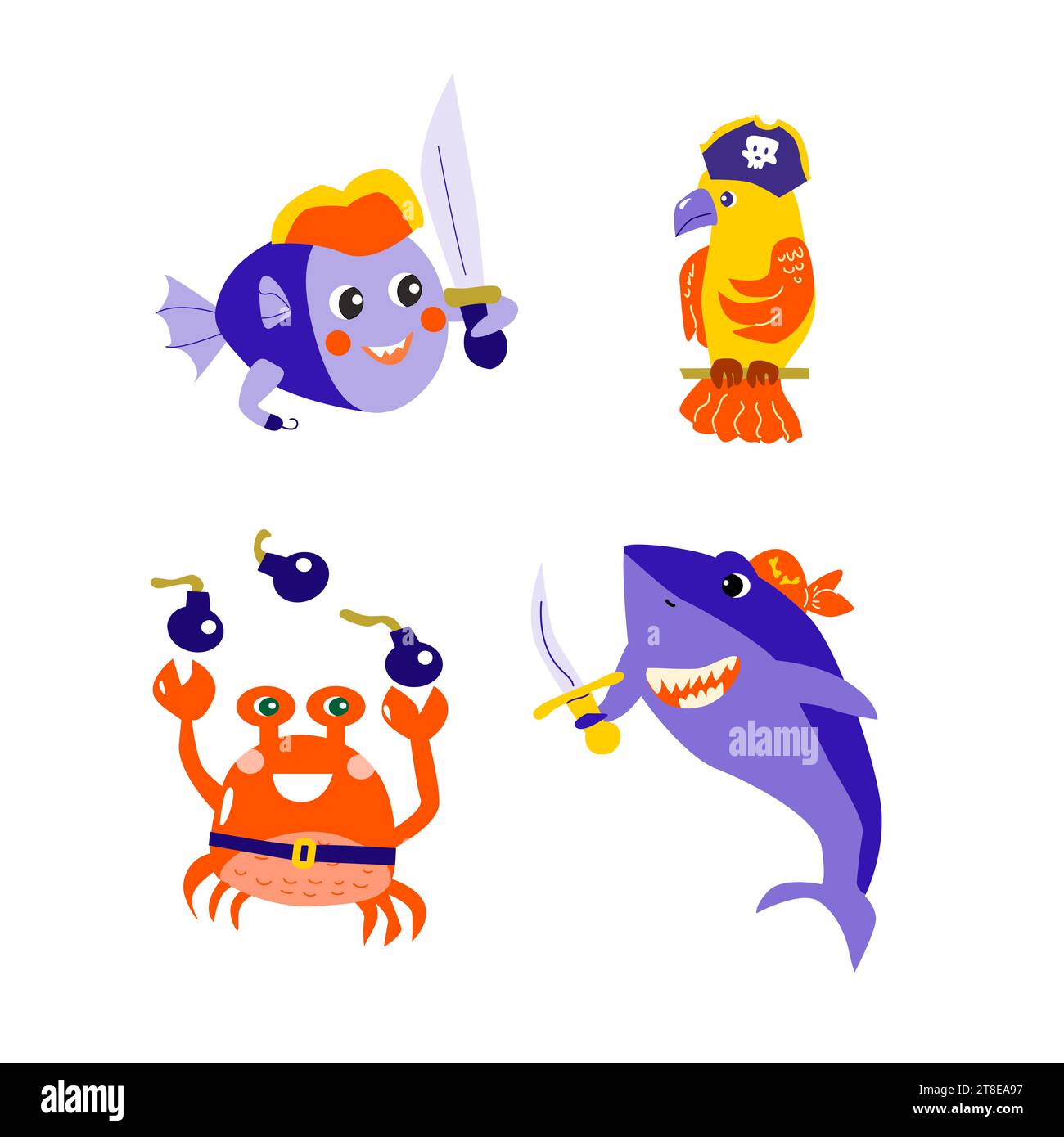 set of cartoon characters fish pirates and parrot Stock Vector