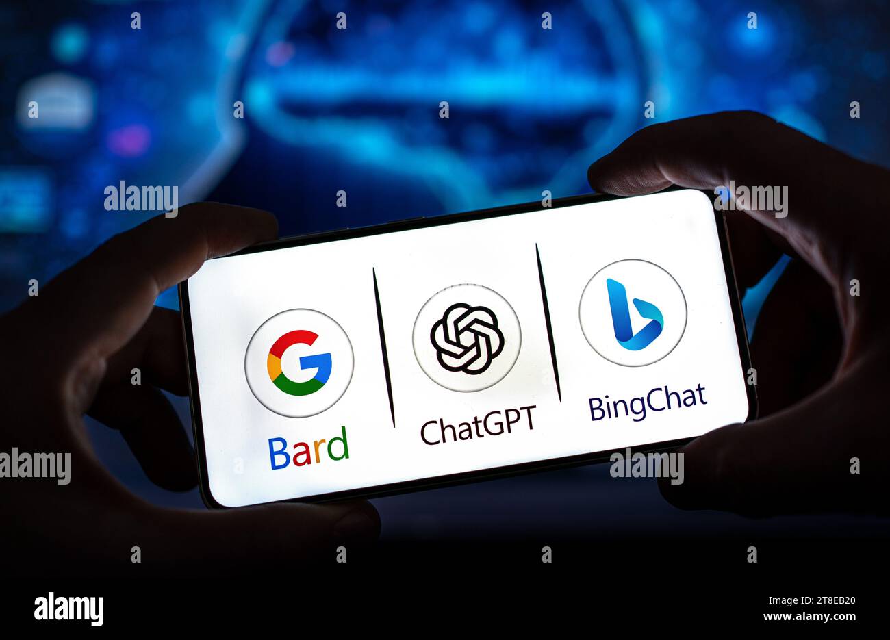 Google Bard VS ChatGPT VS Bing Chat displayed on Mobile Device Stock Photo