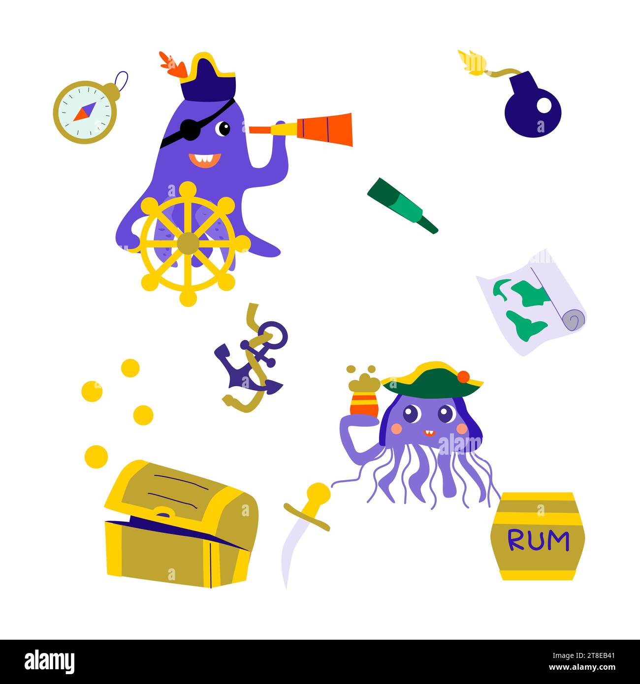 set of cartoon fish pirates octopus and jellyfish Stock Vector