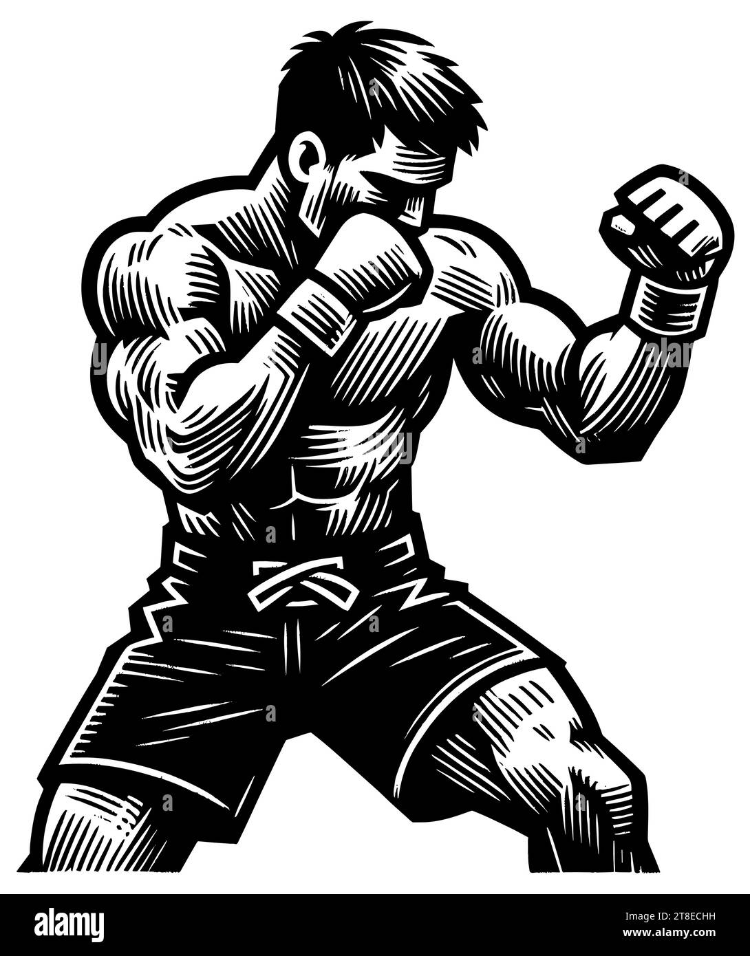 MMA fighter in guard position, detailed black and white woodcut print