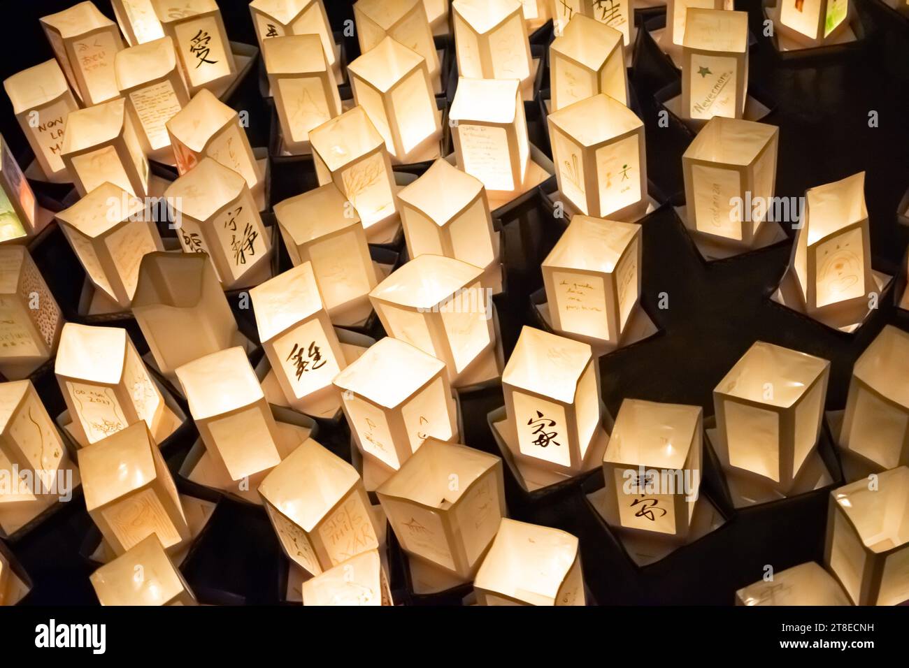 Japanese commemoration of atomic bombs with paper lanterns floating on water Stock Photo Alamy